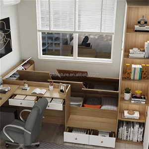 <b>Small</b> Bedroom Furniture Sets Compact Wooden Storage Bed With L-Shaped Study <b>Desk</b> & Tall Wardrobe for Studio Apartments Furniture - Product Image 3