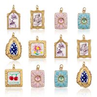 D967 Breloques en acier inoxydable plaqué or, design rétro, motif portrait floral peint à l'huile, émail fait main, accessoires de bijouterie DIY