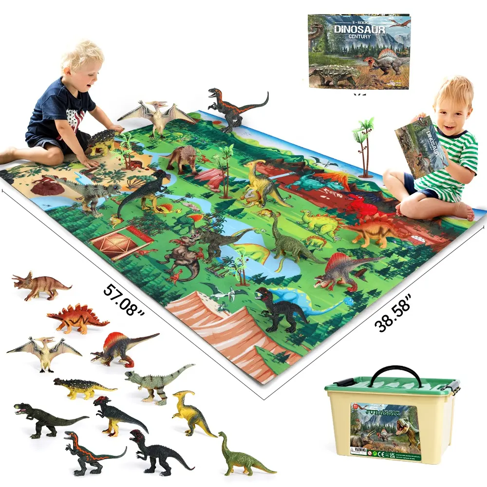 مجموعة ألعاب مجسمات حيوانات تعليمية من عصر الديناصورات تحديث مجموعة ألعاب عالم الديناصورات الواقعية مع حصيرة لعب كبيرة من البلاستيك