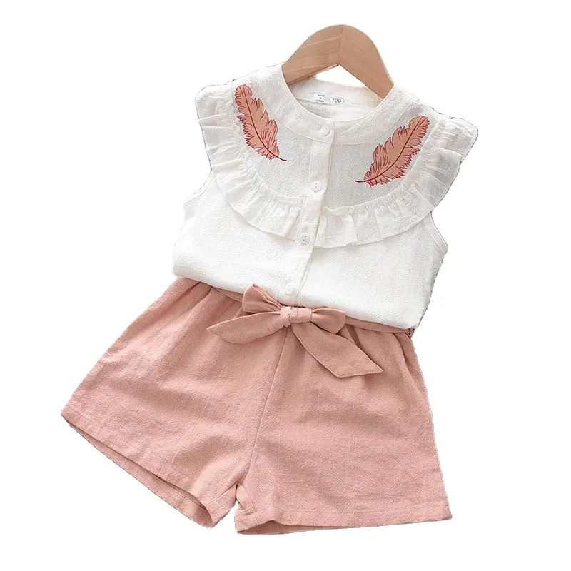 Bear Leader New Kid Baby Girls Feather Clothes Sets Summer Sleeveless Tops Bandage Shorts 2pcs Outfits Fashion Children Clothing