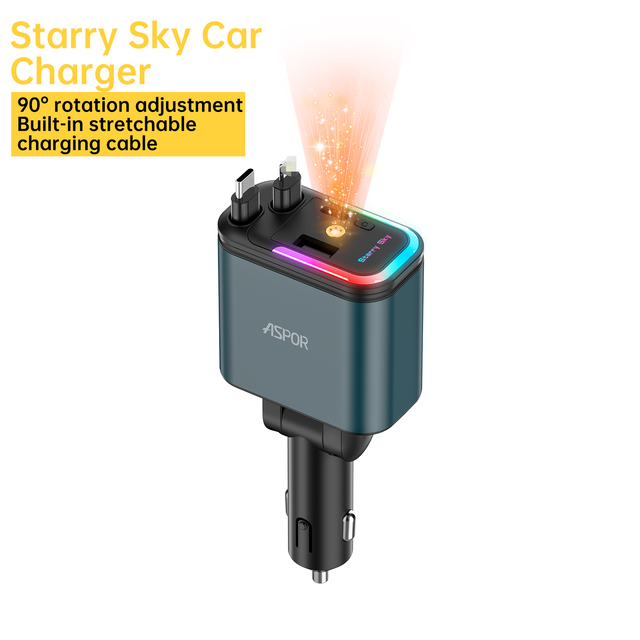 ASPOR A976 120W Dual Retractable Car Charger with LED Light 4-Port Fast Charging for Smart Watch