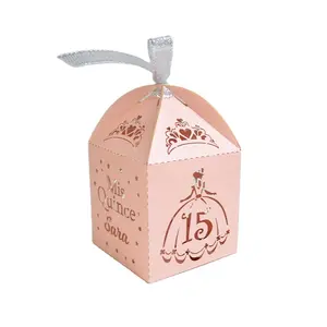 Custom name crown laser cut pink cinderella party favor boxes for sweet 15 decorations