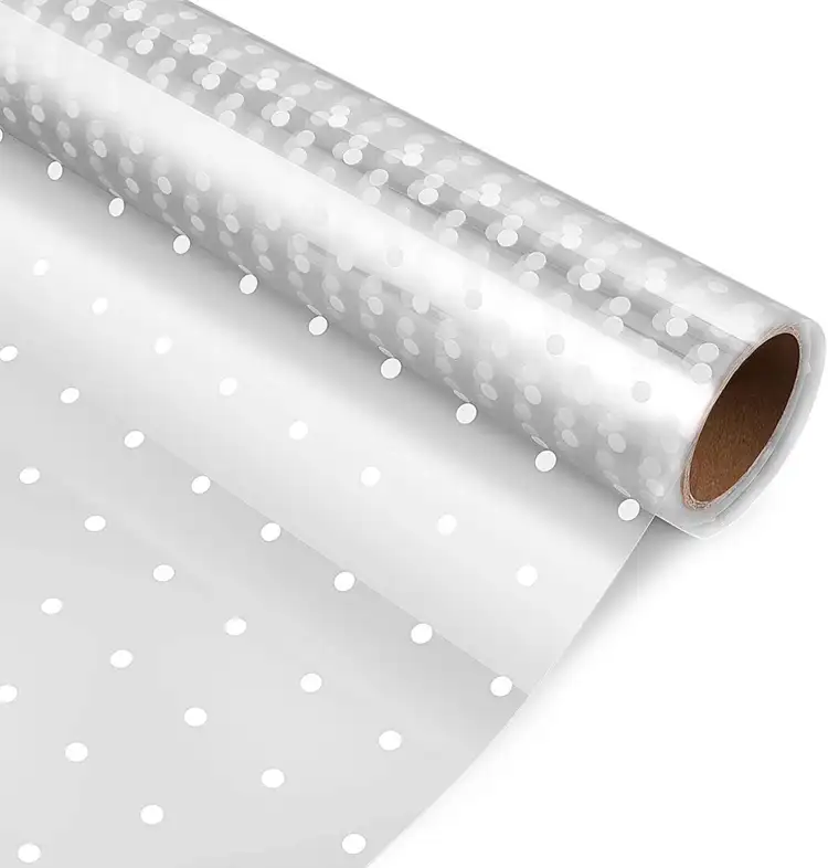 Rotolo trasparente trasparente in Cellophane con pellicola in carta da imballaggio con motivo floreale a pois bianchi