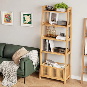 Estantería de Bambú Multifuncional con 4 Estantes y 1 Cesta de Almacenamiento Abierta, Organizador de Almacenamiento, Estantería Tipo Escalera, Librería - Product Image 3