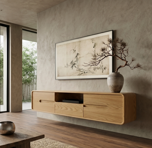 Modern Floating Oak TV Cabinet Wall Mounted Japandi TV Stand Minimalist Solid Wood <strong>Media</strong> Console <strong>Unit</strong> with Rounded <strong>Corners</strong> - Product Image 2