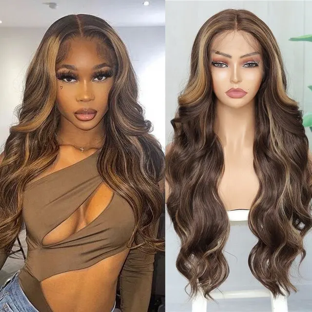 KEMY HAIR Hot Highlight Synthetic Wigs Cheap Wholesale Glueless Wig Deep Wave Middle Part Lace Front Wig For Black Women