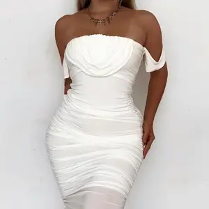 2023 women fall elegant off the shoulder side rushed party sexy black white red homecoming midi strapless dresses for woman