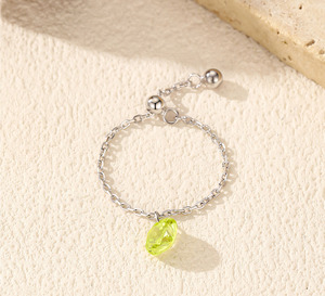 S925 Silver <b>Dainty</b> Round Green Zircon Adjustable Chain <b>Ring</b> Silver Plated Open Stackable <b>Ring</b> for Women Daily Birthstone Jewelry - Product Image 5