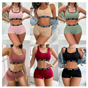 ชุดเซ็ตเสื้อและกางเกงขาสั้นออกกำลังกายแบบยืดได้สำหรับผู้หญิง ดีไซน์หลังสวย ชุดสองชิ้น โปรโมชั่นขายส่ง - Product Image 3