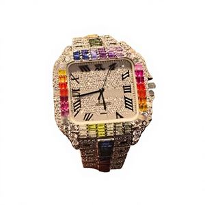 Montre chronographe en or bicolore avec diamants Moissanite VVS colorés, boîtier carré, cadran en acier inoxydable, bracelet en verre, 10 bars - Product Image 1