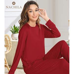 Conjunto de Pijama Personalizado para Mujer, Manga Larga, Cuello Redondo, Suave, 2 Piezas, Pantalones Jogger, Tela de Viscosa de Bambú - Product Image 3