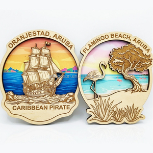 Aimant de réfrigérateur en bois personnalisé, découpé au laser, en forme de timbre, sur le thème de Oranjestad Aruba, avec flamant rose superposé, souvenir des Caraïbes, vente en gros - Product Image 6