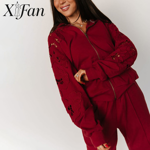 Sweat à capuche personnalisé en coton pour femme, style décontracté, brodé ajouré, entièrement zippé, à manches longues, couleur unie, épaules tombantes - Product Image 1
