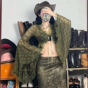 เสื้อคลุมคาร์ดิแกนผ้าลูกไม้สไตล์วินเทจ Y2K แขนบาน ระบายอากาศได้ดี ทรงหลวม สั้น สำหรับผู้หญิง เสื้อคลุมฤดูร้อนแบบผูกด้านหน้า เสื้อยืดครอป - Product Image 2