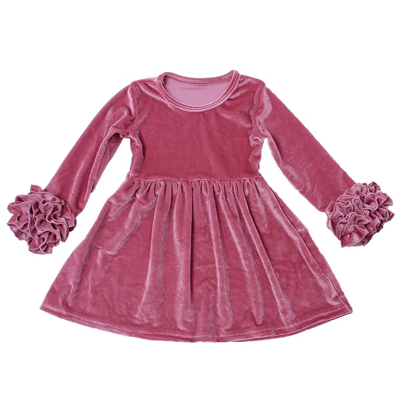 Vestido de veludo infantil, novo design de outono para meninas vestidos com cores sólidas e de veludo