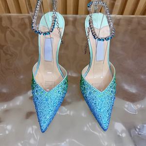 Luxury <b>point</b> <b>toe</b> Gradient blue rhinestone stiletto heels for women summer dress shoes party shoes high heels for ladies - Product Image 6