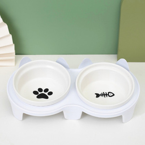 Cat Feeding Bowl Set Ceramic Dual Dish <b>Pink</b> Paw And Fish Design For Cats - Product Image 3