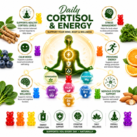 Compléments et vitamines en gommes 15-en-1 sans sucre pour le cortisol, l'ashwagandha, le magnésium, le folate et la vitamine B12, pour le soulagement du stress et le soutien énergétique