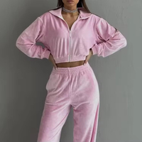 Ensemble jogging deux pièces pour femme, haut long en velours avec logo brodé personnalisé de haute qualité, coupe ample, fermeture éclair, pantalon assorti