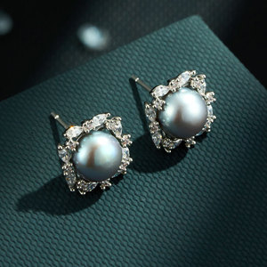 Freshwater Pearl <b>Stud</b> <b>Earrings</b> With Zirconia S925 <b>Silver</b> Needles Flower Shape Everyday Wear - Product Image 4