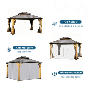 Gazebo de jardin en métal à double toit de qualité supérieure, finition bois, gazebo de patio en <span class=keywords><strong>aluminium</strong></span> avec rideau d'intimité - Product Image 3