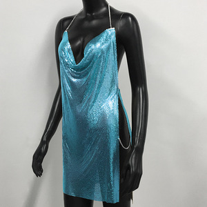 Vestido de Mujer Estilo Europeo y Americano, Metálico, Sexy, con Abertura, para Fiesta, Club Nocturno, <span class=keywords><strong>Falda</strong></span> con Tirantes - Product Image 5