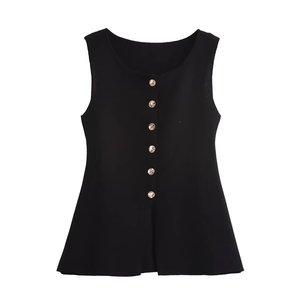 เสื้อกั๊กถักกระดุมแถวเดียวสีทองแบบเรียบง่ายสำหรับผู้หญิงเสื้อแฟชั่น - Product Image 1