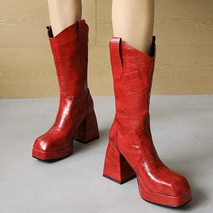 Botas de plataforma con suela gruesa para mujer, botas de moda de piel con estampado de piedras, caña media, tacón cuadrado retro, cremallera lateral, talla grande 43 - Product Image 6