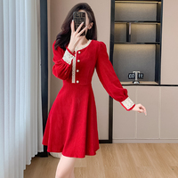 Robe courte élégante pour femme, à manches longues bouffantes, avec dentelle, taille haute, boutonnée sur le devant, coupe trapèze, pour l'automne et l'hiver