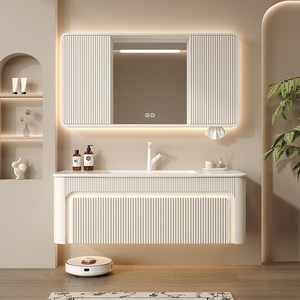 Concealed Smart Feng Shui <b>Mirror</b> Cabinet with Integrated Ceramic Basin Sliding <b>Mirror</b> French Cream-Style Oak Bathroom Vanity - Product Image 1