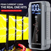 Démarreur de voiture portable avec grand écran LED numérique, batterie externe multifonction pour téléphones mobiles, noir/rouge, 10000mah, 12000mah, 16000mah