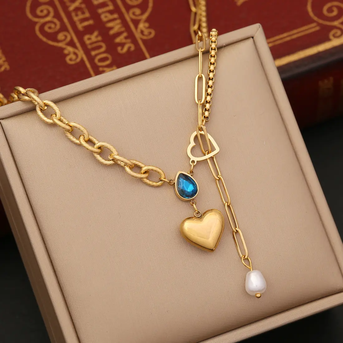 High Quality 18K Gold Stainless Steel Jewelry Set Fashion Pearl Unique Heart Drip Necklace Bracelet Earring Set Women N1061