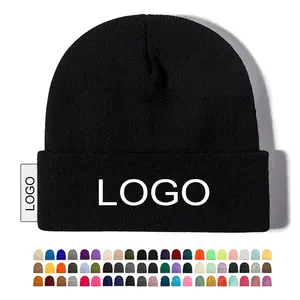 Fashion grosir kustom bordir Logo warna Solid akrilik serat hangat musim dingin Beanie dengan logo kustom topi rajut topi hangat