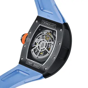 Relógio mecânico de luxo com caixa de carbono NTPT, à prova d'água, 50m, vidro de safira dupla face, pulseira de flúor para RM