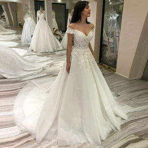 Off-the-Shoulder Wedding Dress With <b>Lace</b> Floral Mesh Train Ball Gown <b>White</b> Sweetheart Neckline Natural Waistline JM033 - Product Image 1