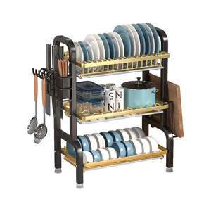 رف المطبخ الأكثر مبيعًا من YOTO رف المطبخ ذو الطبقة المزدوجة من الفولاذ المقاوم للصدأ معدني أسود مقاوم للصدأ أطباق رف تجفيف الأطباق - Product Image 2