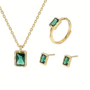 <b>Emerald</b> Cut Crystal <b>Jewelry</b> <b>Set</b> Gold Plated Minimalist Necklace Earrings Ring Women's Everyday Wear Geometric Bezel Setting - Product Image 1