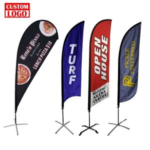 Drapeaux publicitaires de plage en fibre de verre personnalisés à faible MOQ, bannières pour l'immobilier, maison ouverte, forme goutte d'eau, style volant, vente en gros - Product Image 1