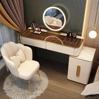 Table de maquillage moderne en bois massif de luxe léger avec miroir éclairé par LED et rangement pour chambre à coucher