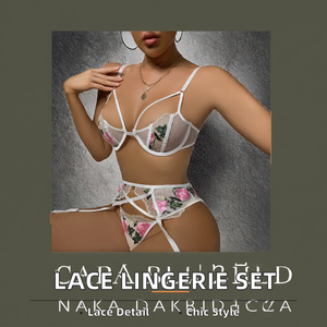 Conjunto de sujetador de lencería sexy de tres piezas <span class=keywords><strong>para</strong></span> mujer Encaje transparente bordado con bragas de medio deslizamiento de control firme - Product Image 3