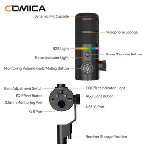 ไมโครโฟนไร้สาย COMICA EJoy D10 Pro(A) แบบไดนามิกคาร์ดิออยด์ ตัวเรือนโลหะ ไฟ RGB พร้อมระบบตัดเสียงรบกวน สำหรับการสตรีม การบันทึกเสียง พอดแคสต์ และ Twitch - Product Image 3