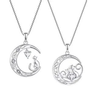 925 Sterling Silver Jewelry Lovely Animal Cubic Zirconia Moon Cat Necklace