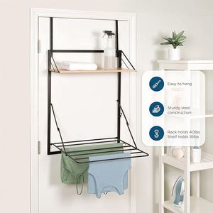 Laundry Cloth Coat Hanging Rack Drying Stand Rack Over-The-Door Compact Collapsible Drying Rack With Extra Black Walnut Shelf - Product Image 1