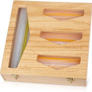 Beech Wood Customized Logo Ziplock Bag Storage Organizer and Dispenser with Label Stickers