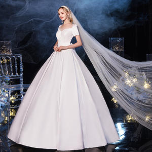 Gaun pengantin lengan pendek, rok lembut panjang noda putih ramping gaun pesta kerajaan pinggang Satin lipit Anti statis - Product Image 4