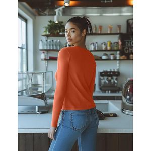 Camisa de Manga Larga Acanalada Personalizada para Mujer, Cuello Redondo con Botones, Estilo Casual, Largo Regular, Color Sólido - Product Image 3