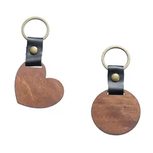 Nouveaux porte-clés créatifs en cuir PU, en bois de noyer, en forme de cœur, Rectangle, en bois