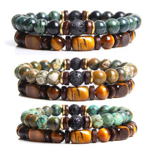 Hot Selling Classic Natural Stone Wood Unisex Gift <b>Vintage</b> Bracelet Set Tiger Eye Stone Bead Double Layer Stackable Combination - Product Image 1