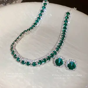 新款上市水晶时尚耳钉时尚几何圆形女装配饰绿色项链套装饰品
