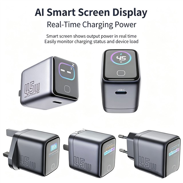 45W GaN USB-C PD Fast Charger AI Smart Screen Display Real-Time Power Monitoring Travel Wall Charger Adapter